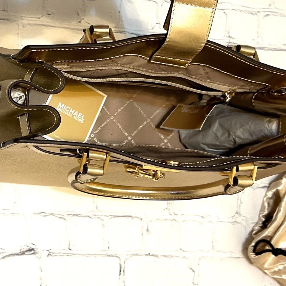 New Michael Kors Gold Satchel With Optional Crossbody - Picture 5 of 15